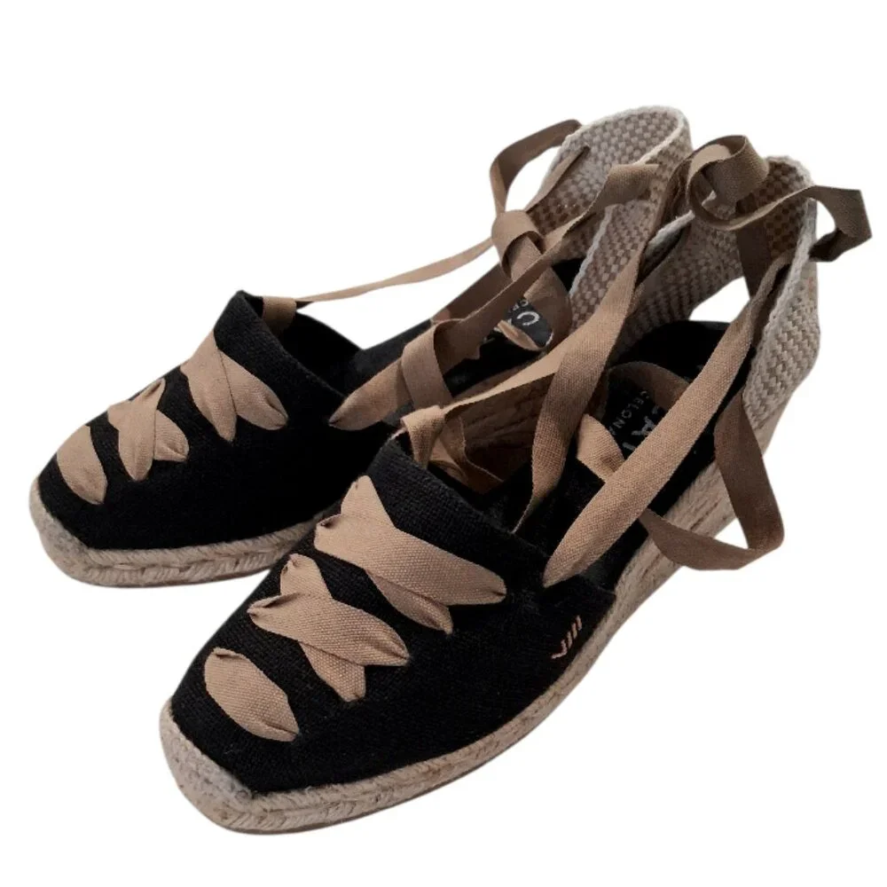 VISCATA Black/Cream Laces Escala Espadrille Canvas Wedges w/Ankle Laces Sz 9 1/2